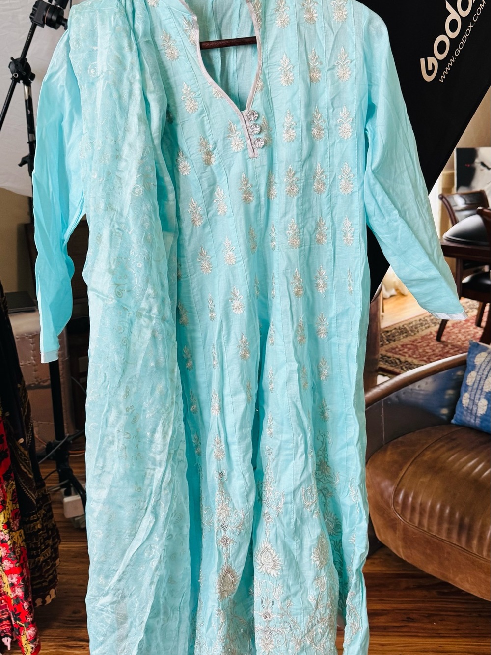 Women's Light Aqua Embroidered Formal Kurta